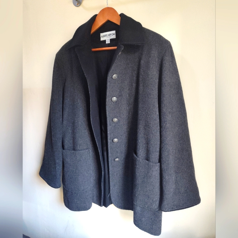 Vintage 80s Albert Nipon Boutique grey wool jacket pea coat black collar s8